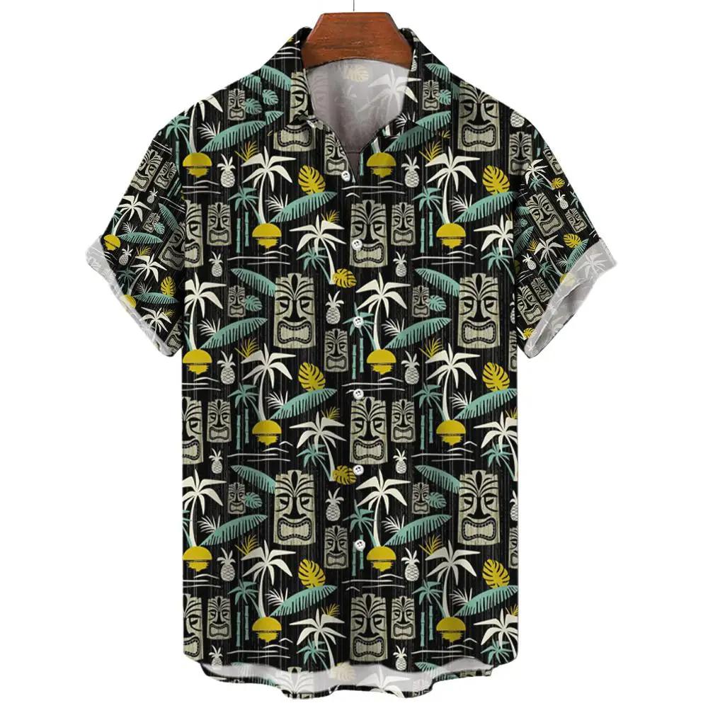 Hawaii Men's Shirt Tiki Pattern 3D Printed Tops Summer Fashion Holiday Casual ShirtShort Sleeves Shirts Lapel Button Streetwear