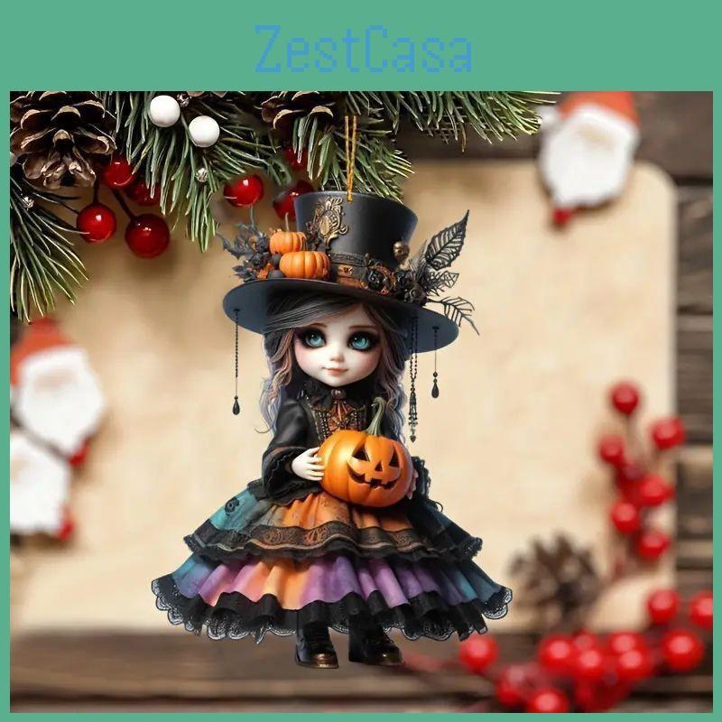 Car Pendant Acrylic With Witch And Pumpkin Design For Halloween Auto Interior