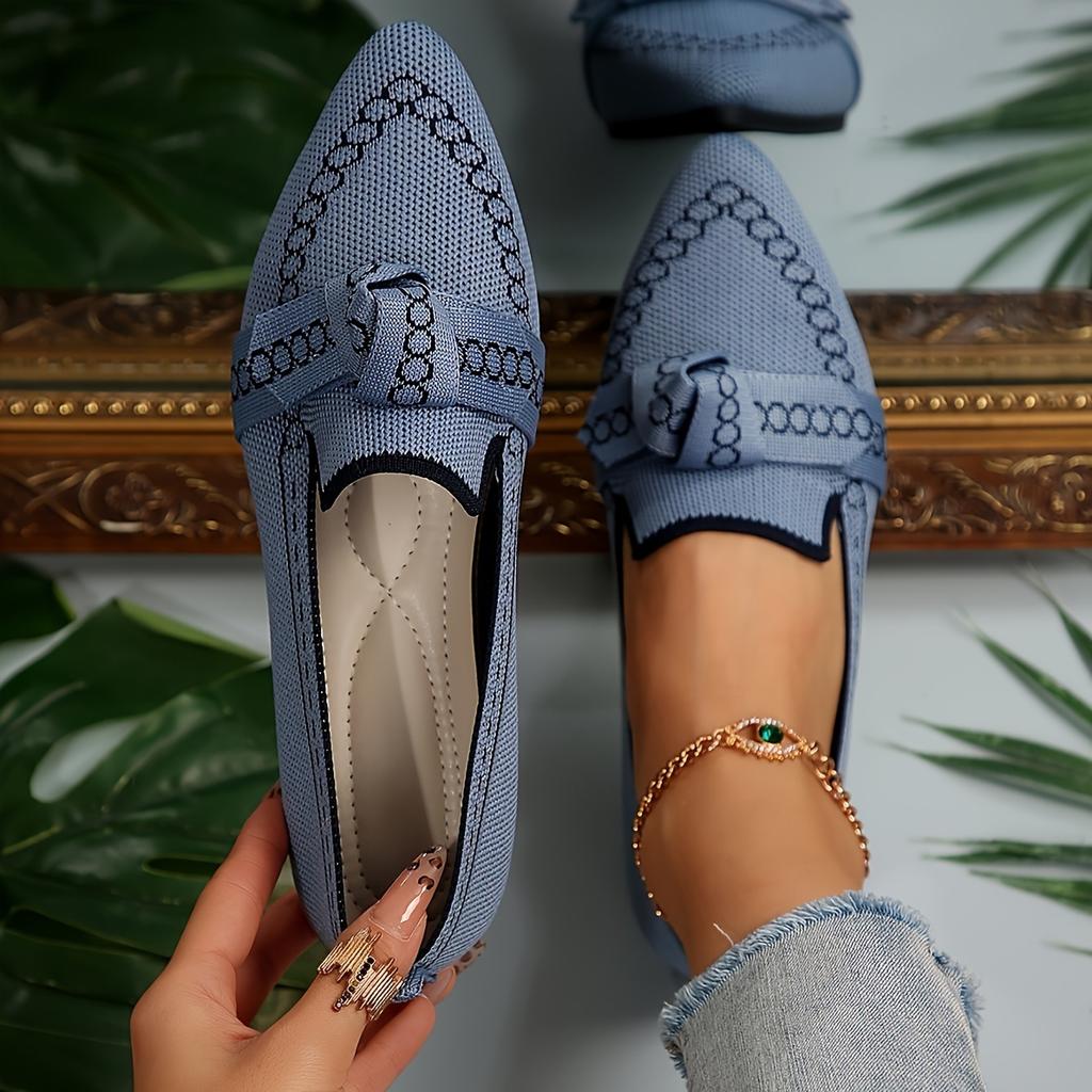 Women's Flyknit Mesh Pointed Toe Oversized Flat Slip-On Shoes 2025 Bow-Tie Casual Breathable Low-Cut Shoes