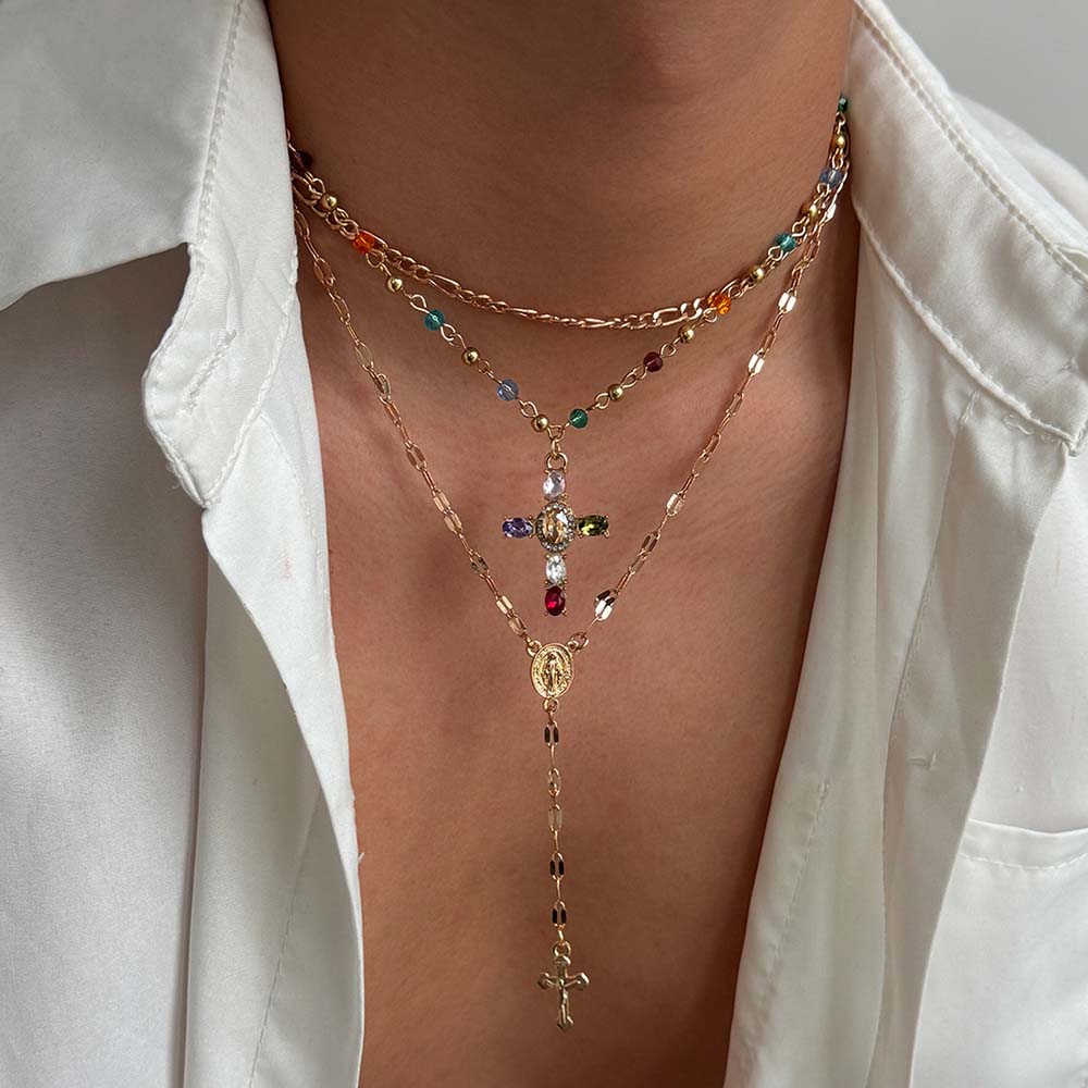 3Pcs/Set Hiphop Colored Zircon Cross Pendant Necklace for Women Men Y2K Punk Multi Layer Gold Color Chain Necklace Jewelry Gifts
