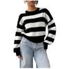Womens Oversized Knit Sweater With Black White Horizontal Stripes Round Neck Loose Fit Long Sleeve Casual Streetwear Top