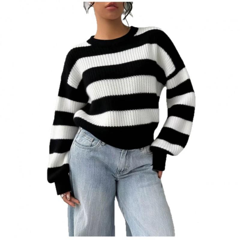 Womens Oversized Knit Sweater With Black White Horizontal Stripes Round Neck Loose Fit Long Sleeve Casual Streetwear Top