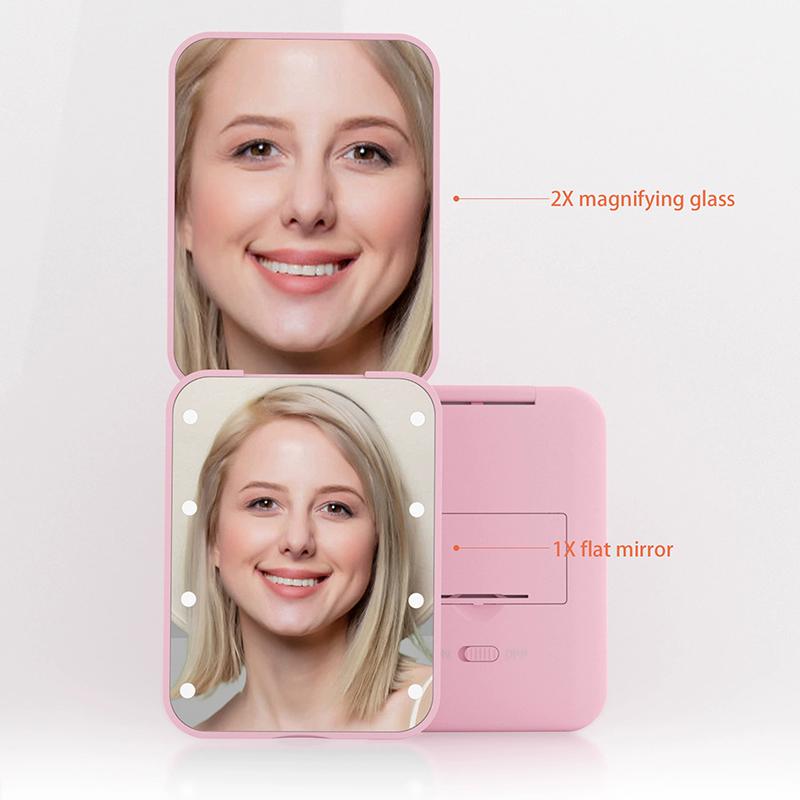 Mini Compact Led Makeup Mirror With Light 2X Magnifying Small Pocket Portable Travel Pink Black Foldable Cosmetic Vanity Mirrors