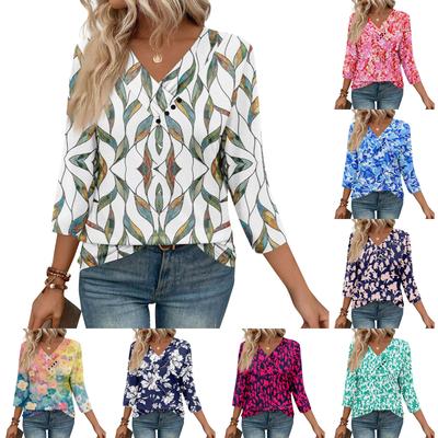 Womens 3/4 Sleeve Daily Weekend V Neck Casual Printed Tshirts Loose Fit Pleated Tees Button Down Shirts