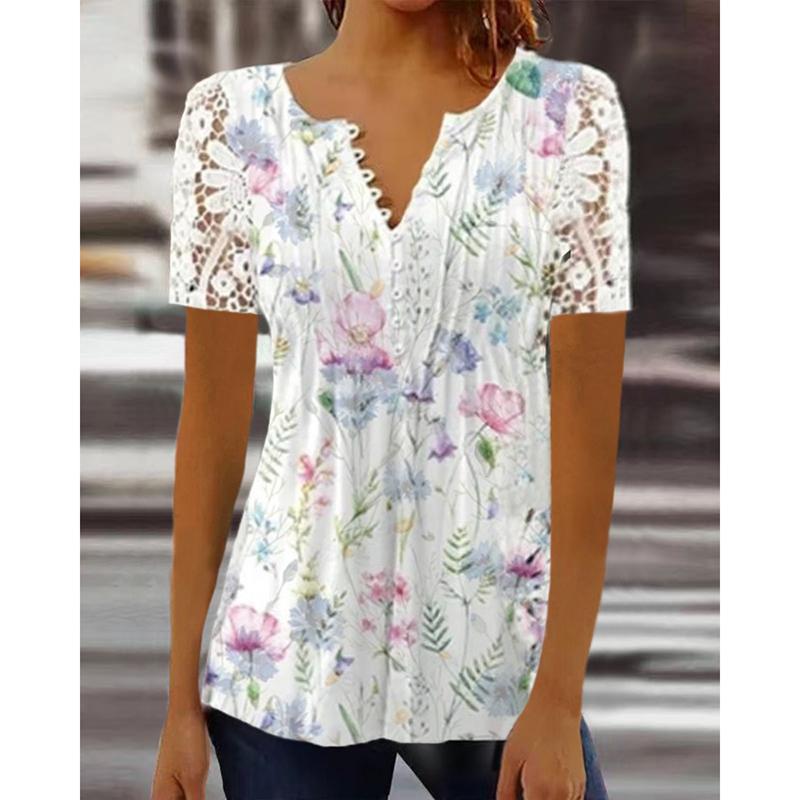 Neues Sommer Lochmuster Kurzarm Einfarbig Spitze Lockeres Hemd Damen Mode Bedruckt Übergröße Lässige Bluse Damen Elegant Floral V-Ausschnitt Hemden Tops 26583