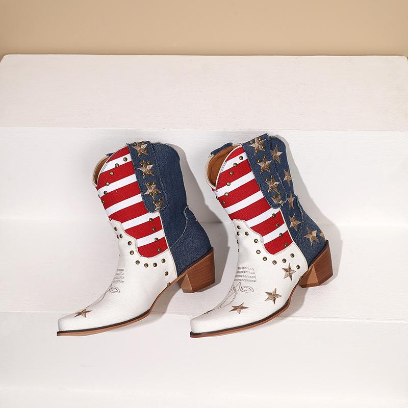 Women's Cowboy Western Boots USA Flag Ankle Booties Denim Studded Rivets Embroidery Stars Stripes Heeled Shoes 2024 New Footwear
