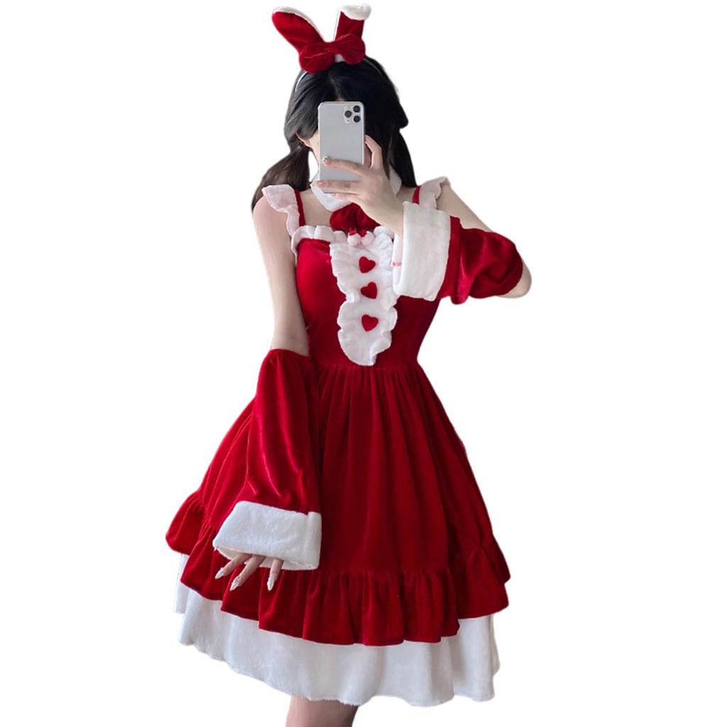 Sexy Santa Cosplay for Cute Santa Bow Halter Christmas New Gift Size [DECEED] Women, 4-Piece Set, Costume, Dress, Costume, Girls, Anniversary,