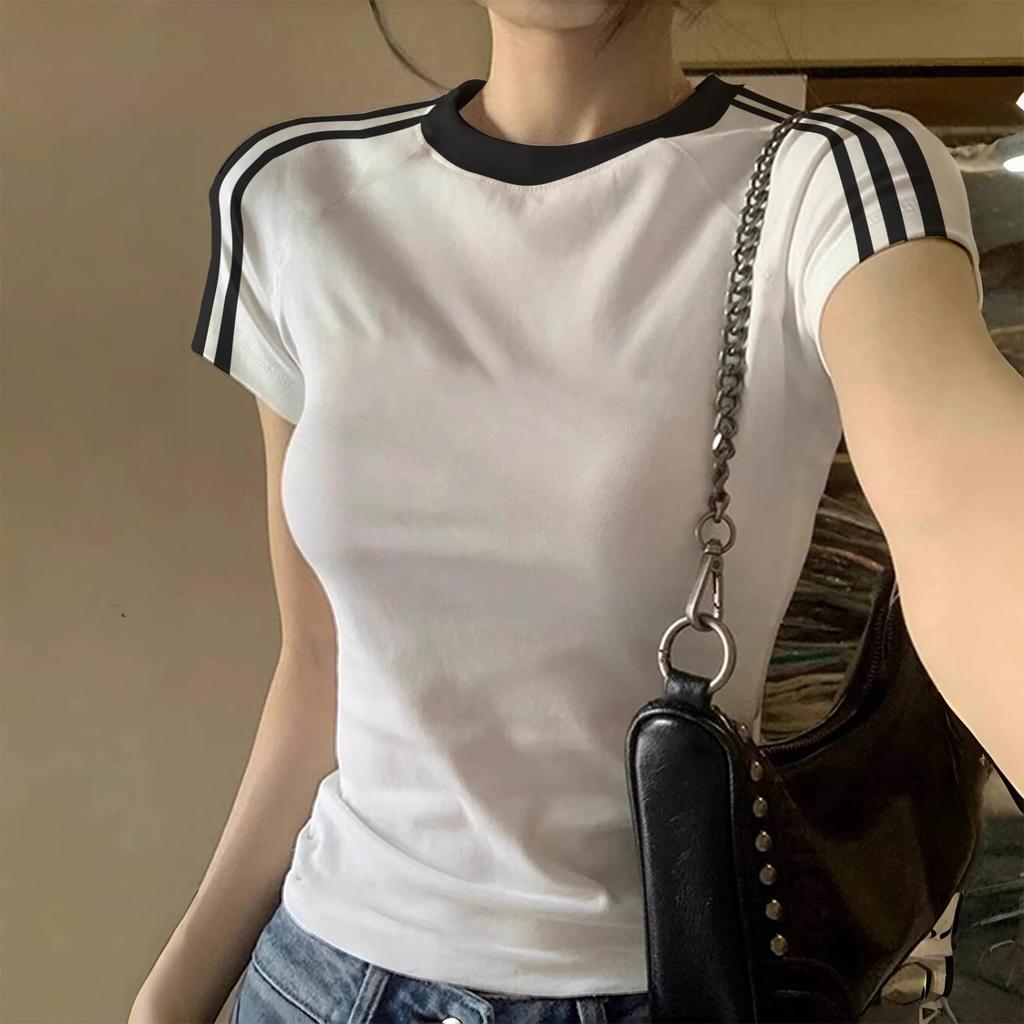 Women's Round Neck Short Sleeve Regular Fit Top Casual Colorblock Cotton T-Shirt