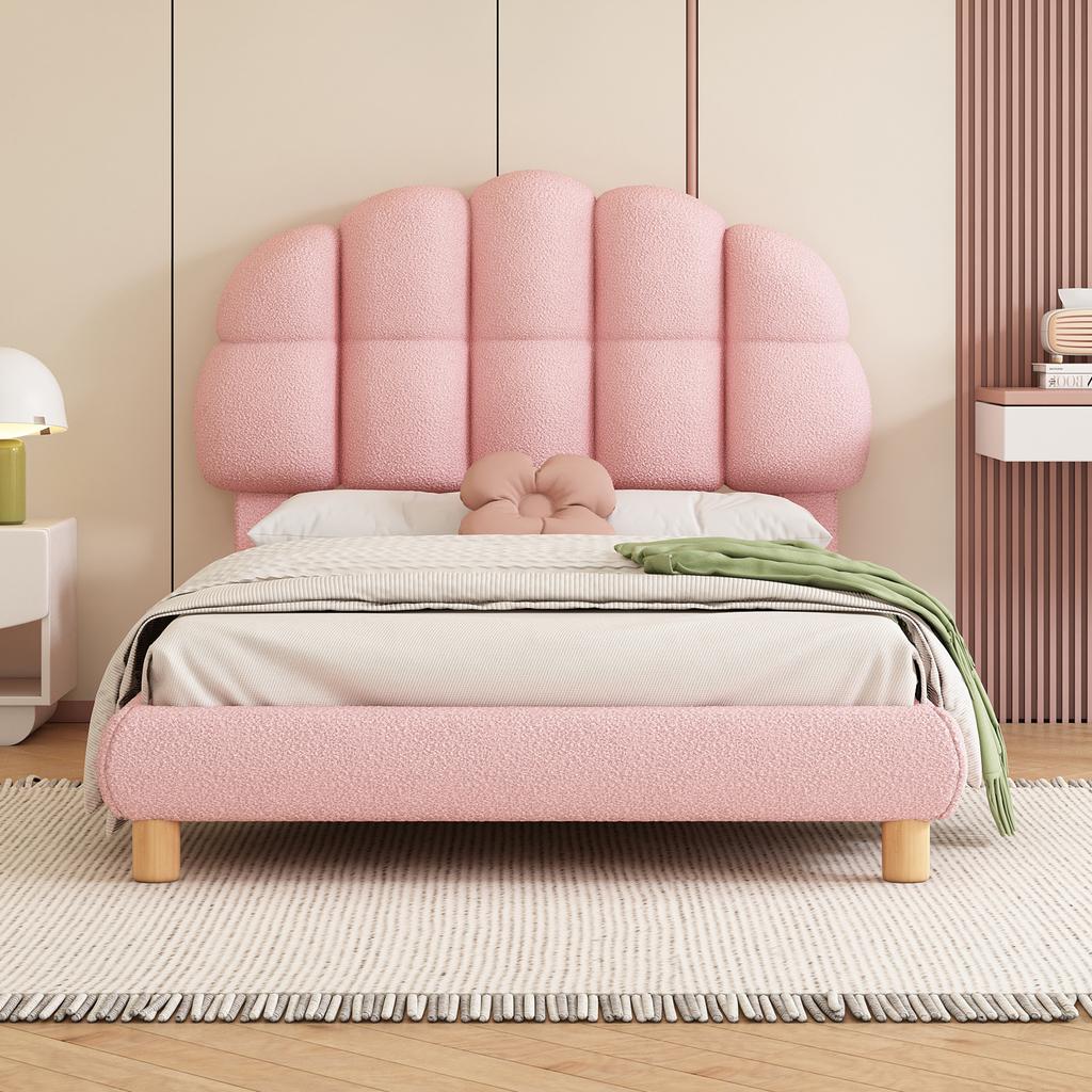 Letto Singolo 90x200cm, Letto per Bambini, Letto per Ragazzi, Letto Imbottito, Telaio a Doghe in Legno, Imitazione Pile, Rosa