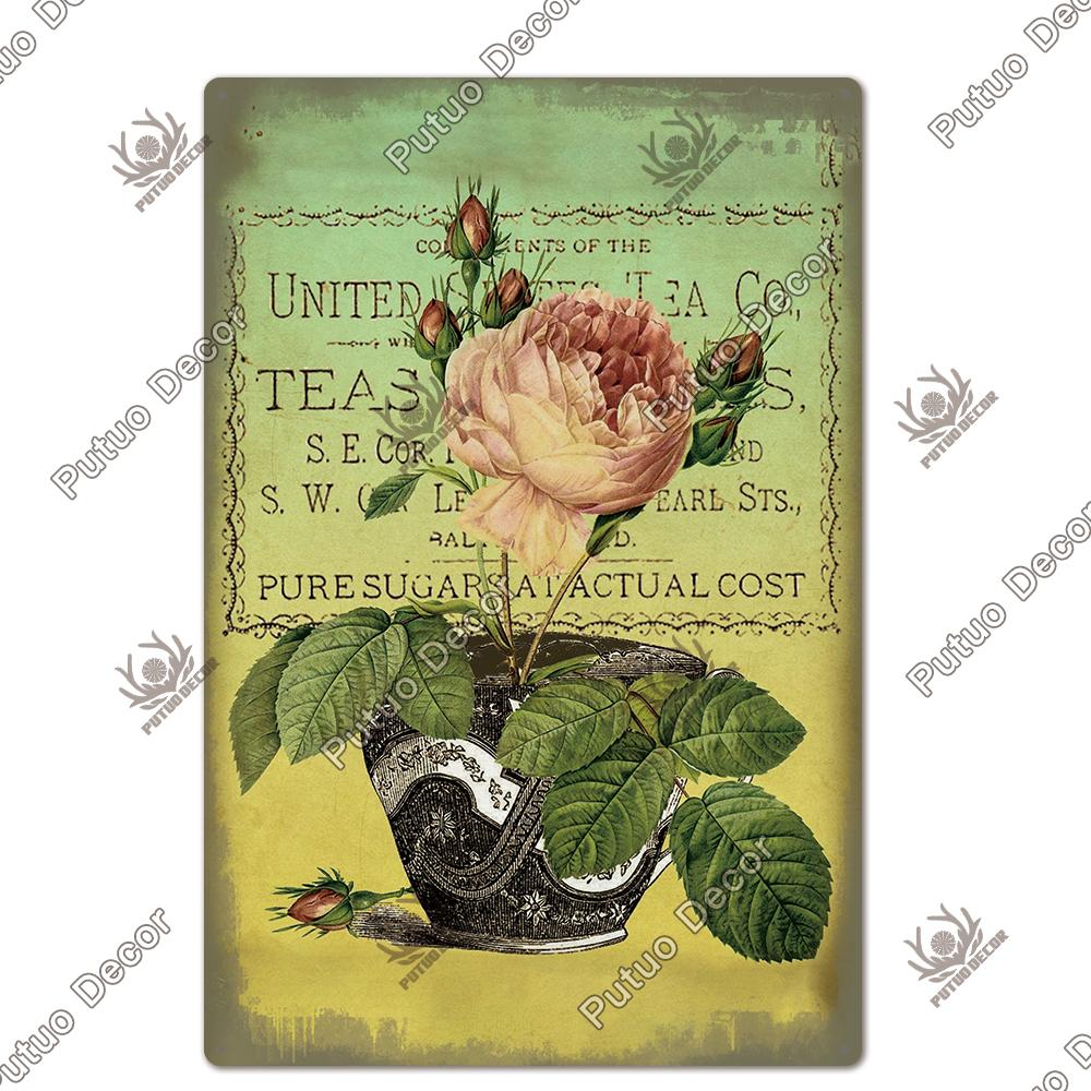 Decor Flower Plaque Metal Vintage Tin Sign Wall Decoration Posters for Home Garden Kitchen Living Room Iron Painting