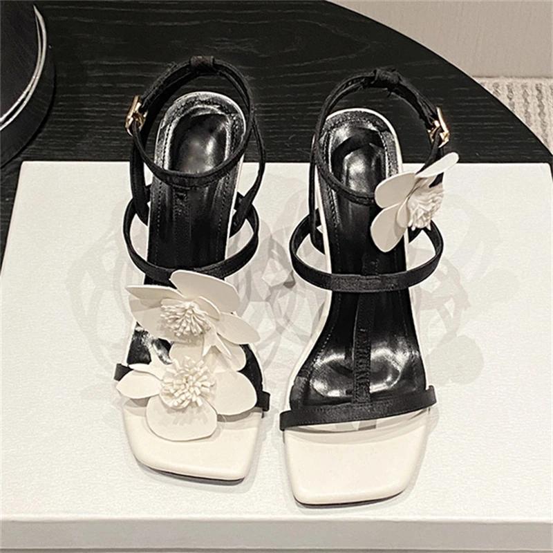 

Sexy Thin High Heels Square Toe Women Sandals Summer Flower Narrow Band Shoes Elegant Stripper Party Prom Pumps 35 белый