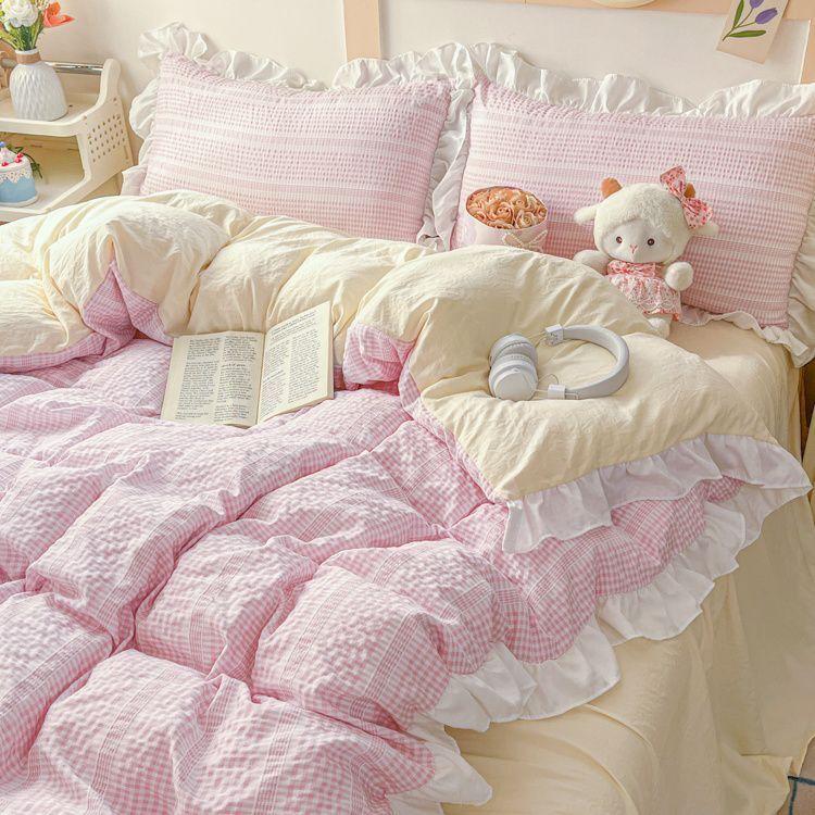 Ins Princess Style Bedding Sets Ruffle Blue Pink Girls Quilt Cover Romantic Bed Sheet Set Duvet Cover With Pillowcases 4pcs