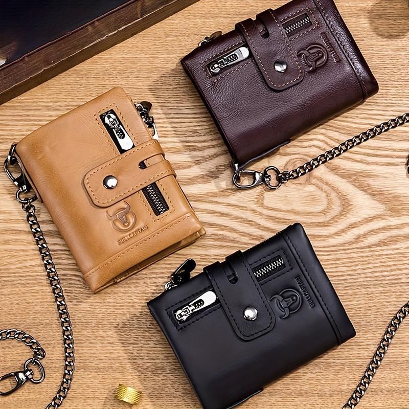 Genuine Leather Men's Wallet Large Capacity RFID Blocking Wallet Casual Retro Multifunctional Card Bag With Anti-Lost Chain