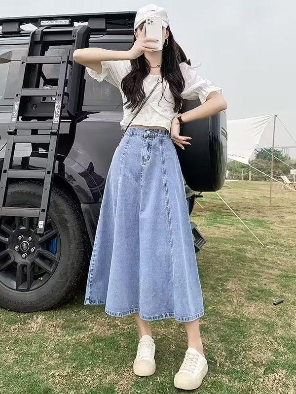 2024 High Waist Retro Denim Midi Skirt: Slimming, Fashionable, Hip-Covering Draped Design