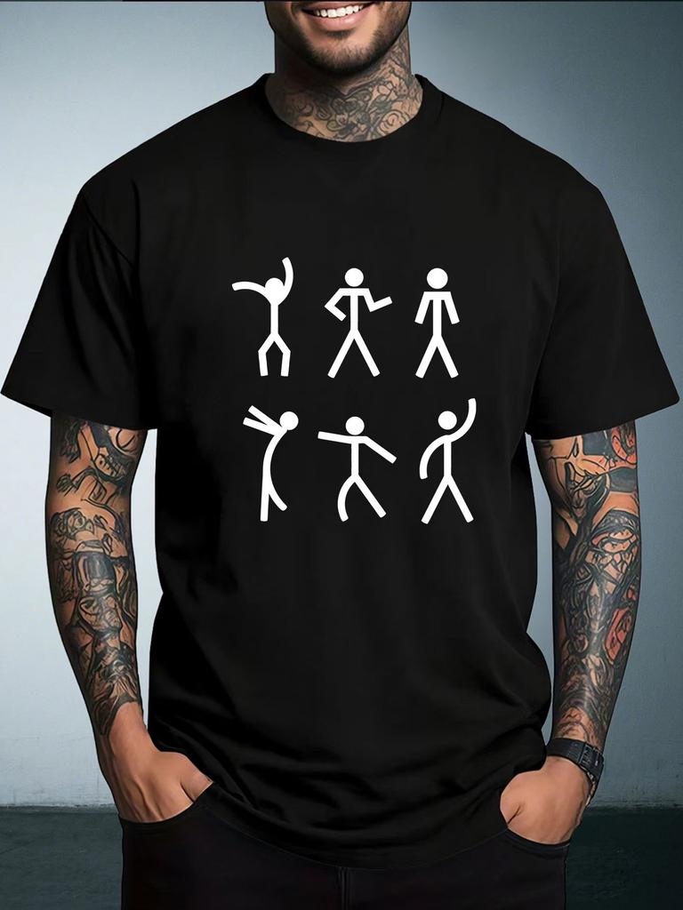 Unisex Summer White Short Sleeve Tee Simple Stick Figure Dancing People Graphic Print Crew Neck Loose Casual Male Fashion Tops