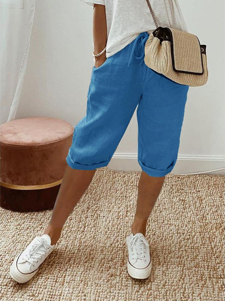 Thickened Fabric Women's Cotton Linen Pocket Elastic Casual Pants Women's Pants Quarter Pants