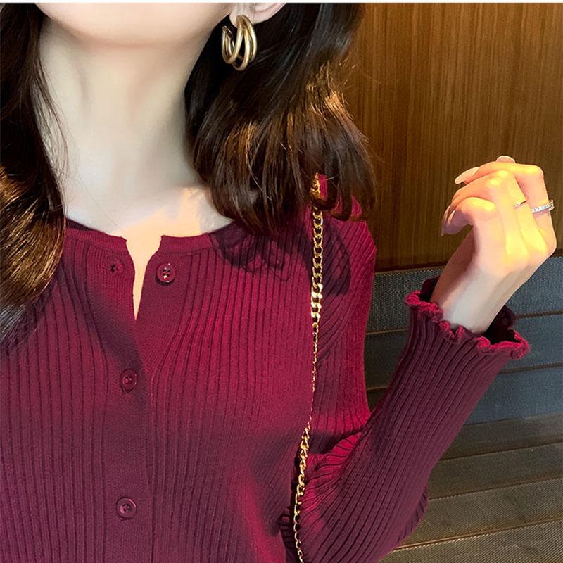 Women's Wooden Ear Knitted Cardigan Short Spring and Autumn Thin Fashion Slim Sweater Coat