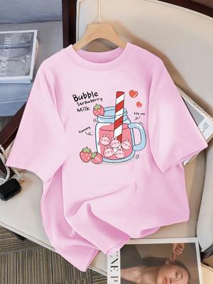 Leckeres Erdbeergetränk Print Damen T-Shirt Sommer Atmungsaktives T-Shirt Baumwolle Streetwear Lässig Sportlich Cool Kurzarm
