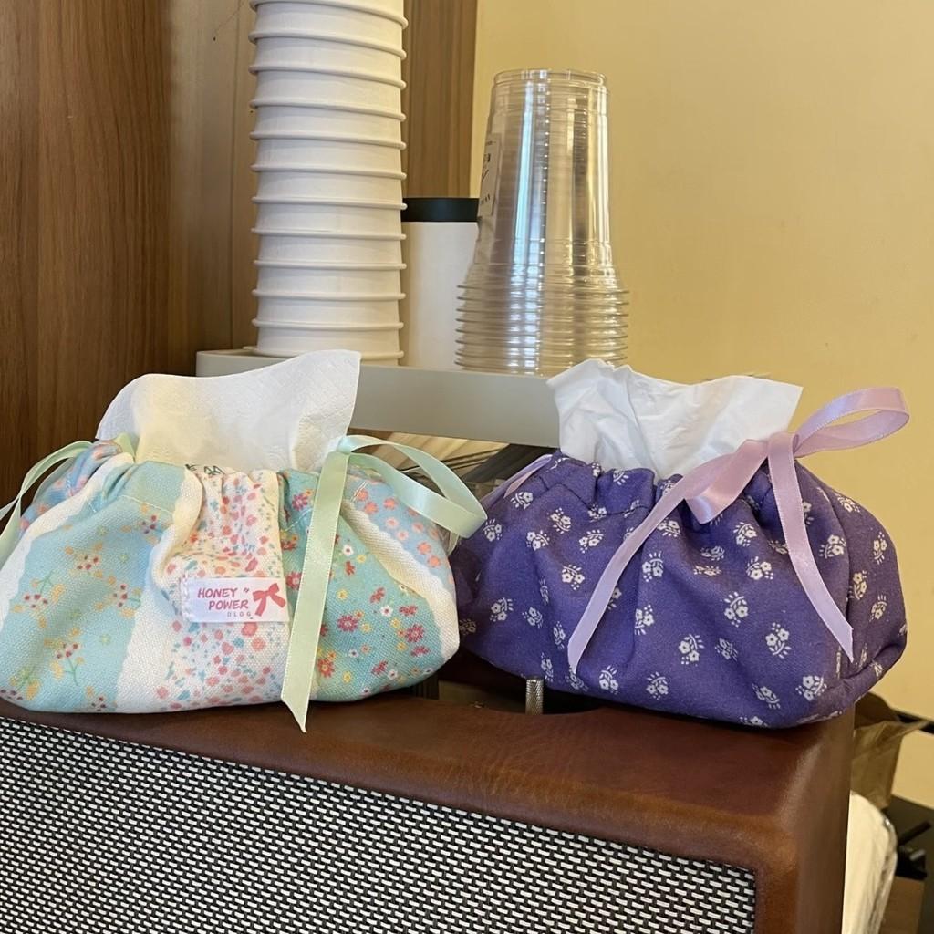 Style Floral Cloth Tissue Box Cover With Drawstring Organizer For Car And Home Decor