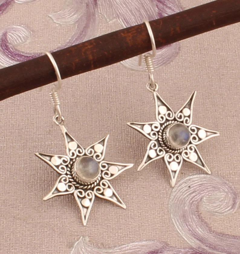 925 Sterling Silver Rainbow Moonstone Gemstone Earrings, Designer Sun Silver Earrings, Handcrafted Earring