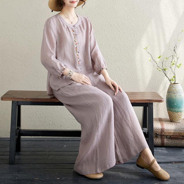Plus Size Women's Cotton Linen Embroidered Two-Piece Set - Spring Fashion