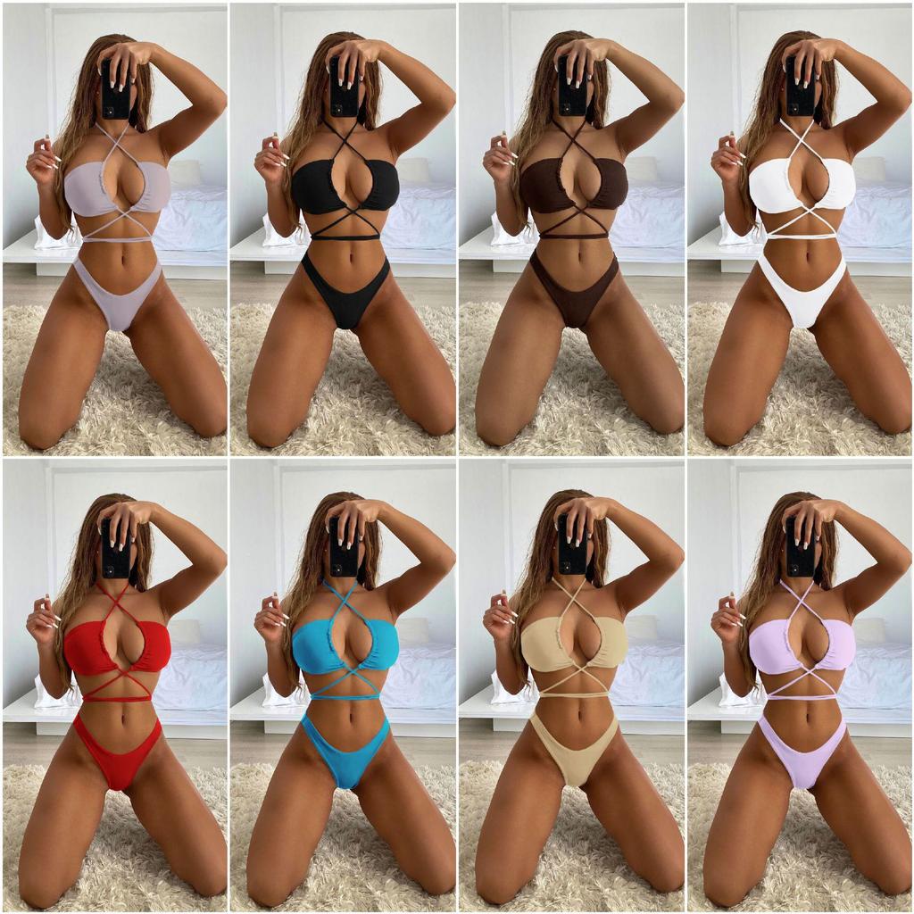 2021 Women's Sexy Solid Color Bandage Bikini Swimsuit - Split Design 9942