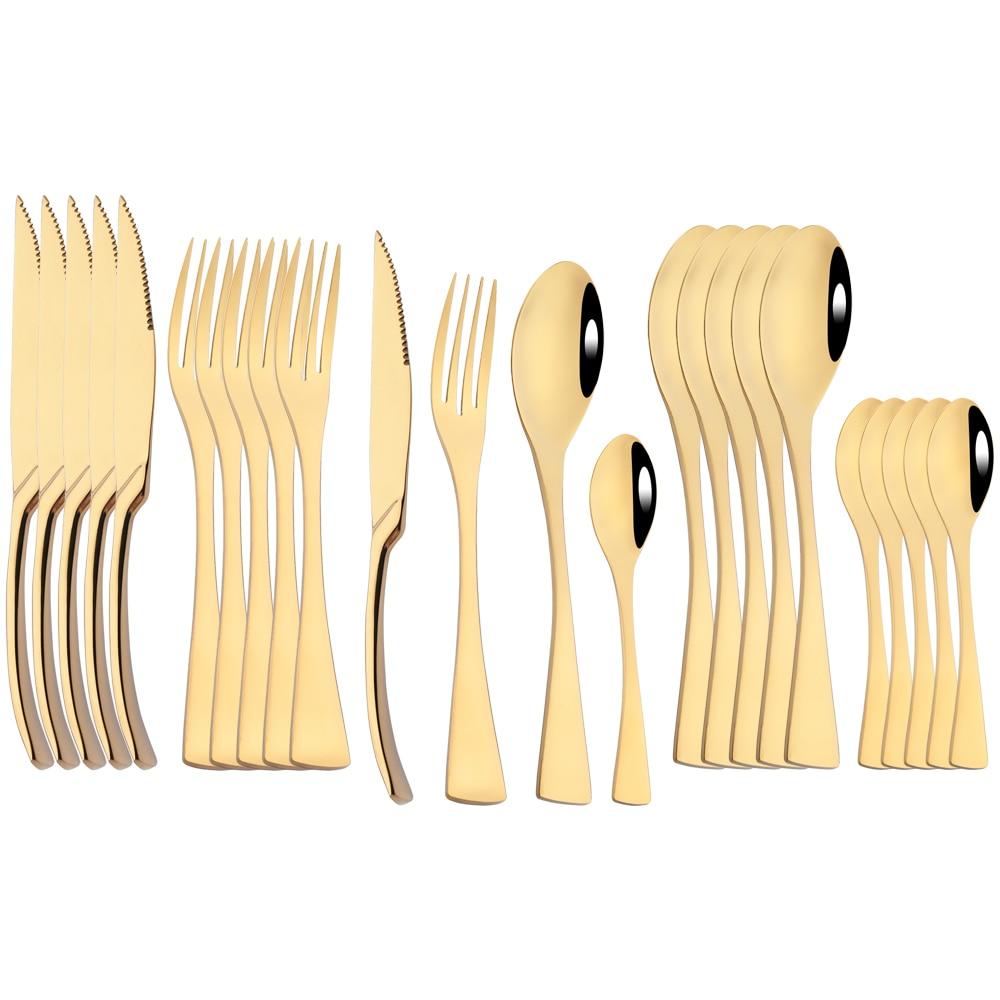 24Pcs Shiny Black Dinnerware Set Steak Knife Fork Coffee Spoon Cutlery Set Stainless Steel Tableware Western Kitchen Flatware