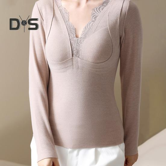 Thermo-Unterteile mit integrierten Brustpolstern. Doppellagige, warme DE-Samt-Langarmpullover-Oberteile, einfarbig, für den Winter, innen und außen