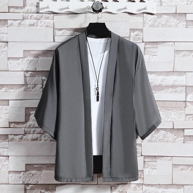 Men's Casual Seven-Sleeve Ice Silk Cardigan, Chinese Style, Solid Color, Plus Size