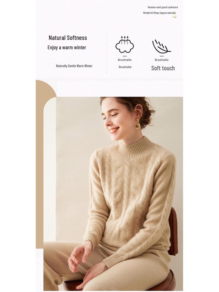 Damen Kaschmir Zopfmuster Pullover - Halboher Kragen, Langarm, Unifarbe, Warme & lässige Basisschicht