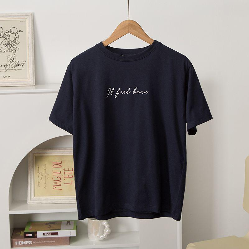 

Thin Loose Print T-shirt Tops round Neck Short Sleeve Navy blue 2L