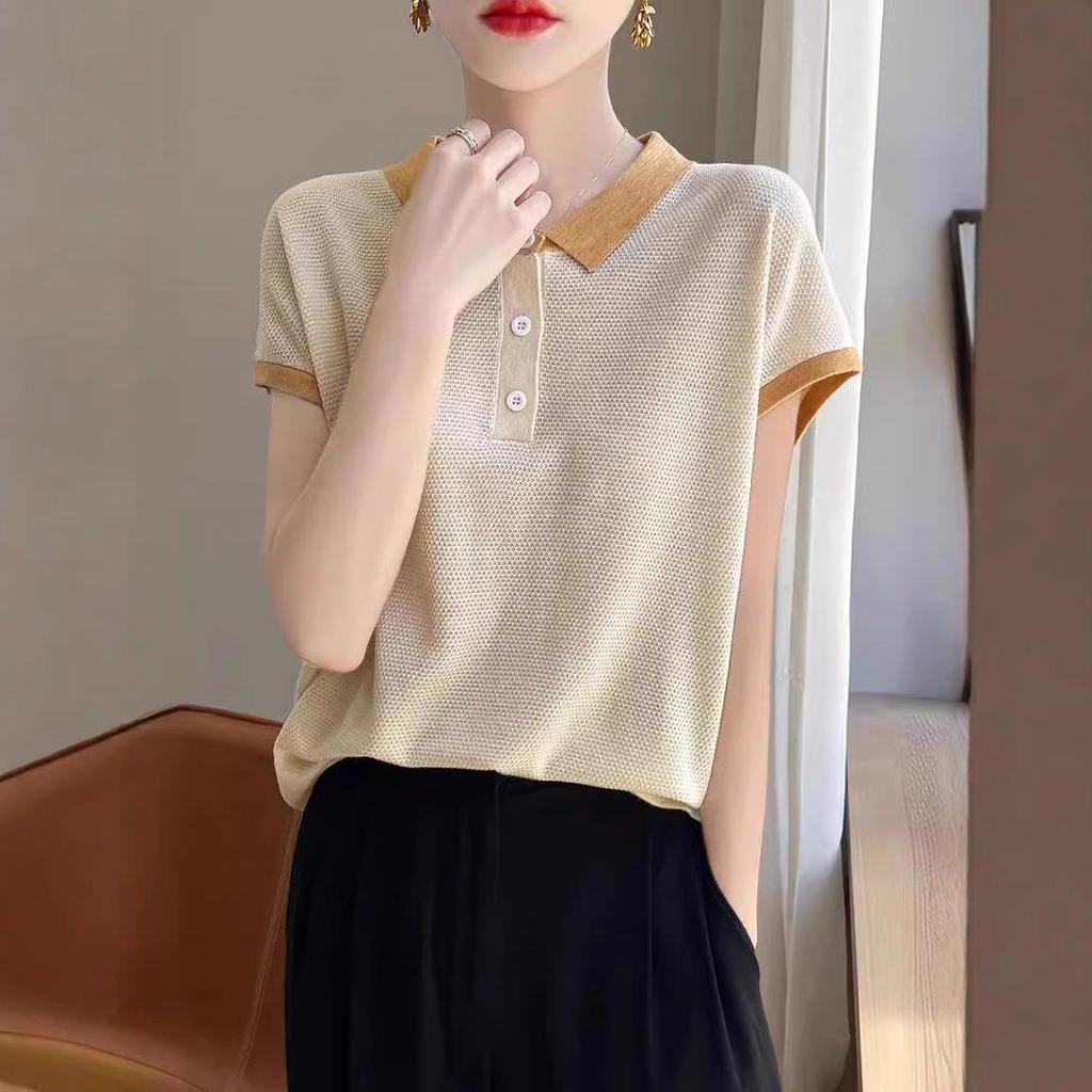 Women's Tencel Colorblock Polo Collar Short-Sleeve Contrast T-Shirt – Stylish, Loose, Age-Reducing Summer Top