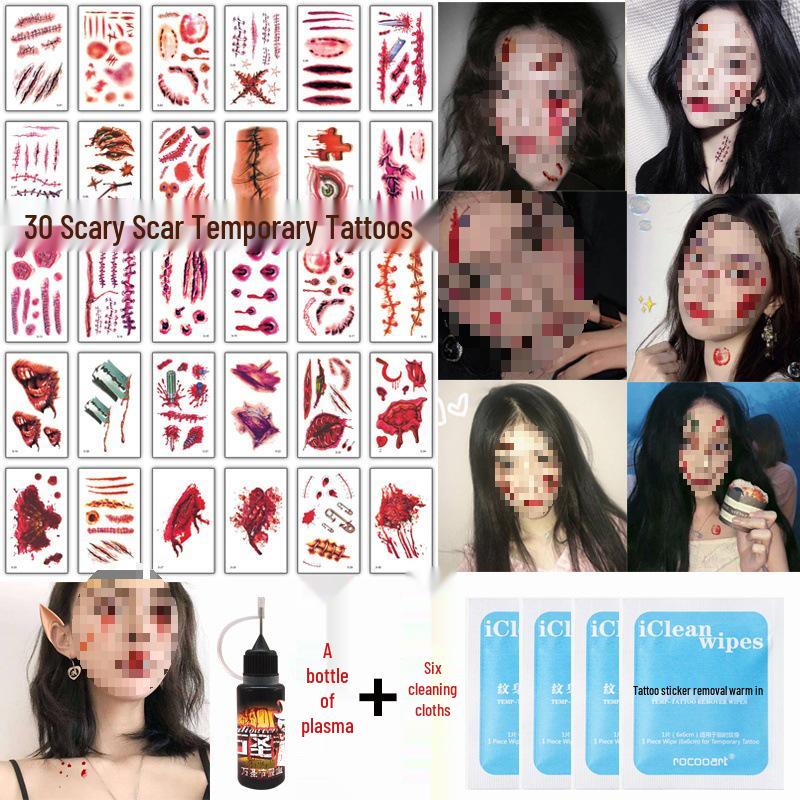 Halloween Makeup: Horror Scars, Fake Teeth, Little Tiger Teeth, and Blush Tattoo Stickers for Party Decoration