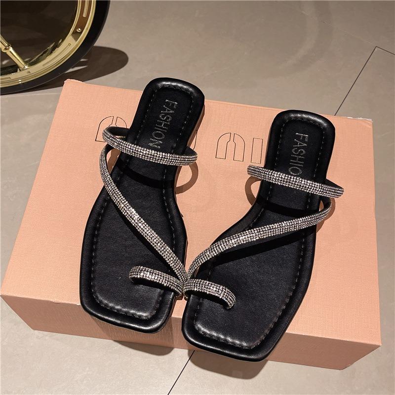 -Women's shoes cool slippers women's summer new wear rhinestone sandals one-word low-heeled flat slippers