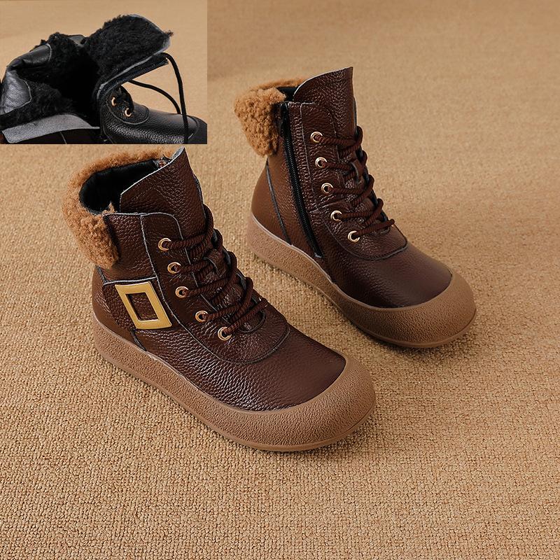 Johnature Retro Round Toe Side Zipper Plush Warm Short Boots Genuine Leather Soft Soled Women's Boots