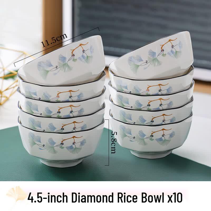 Premium Ginkgo Blossom Ceramic Rice Bowl Set
