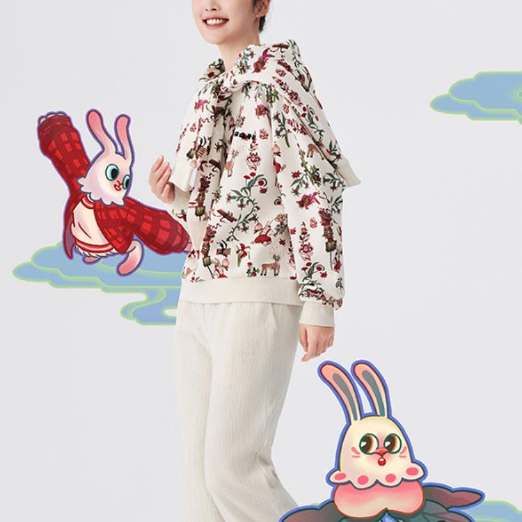 Li-Ning Year Of The Rabbit Prosperity Series Cartoon Print Crew Neck Sweatshirt Women Tops Off-White AWDT074-8