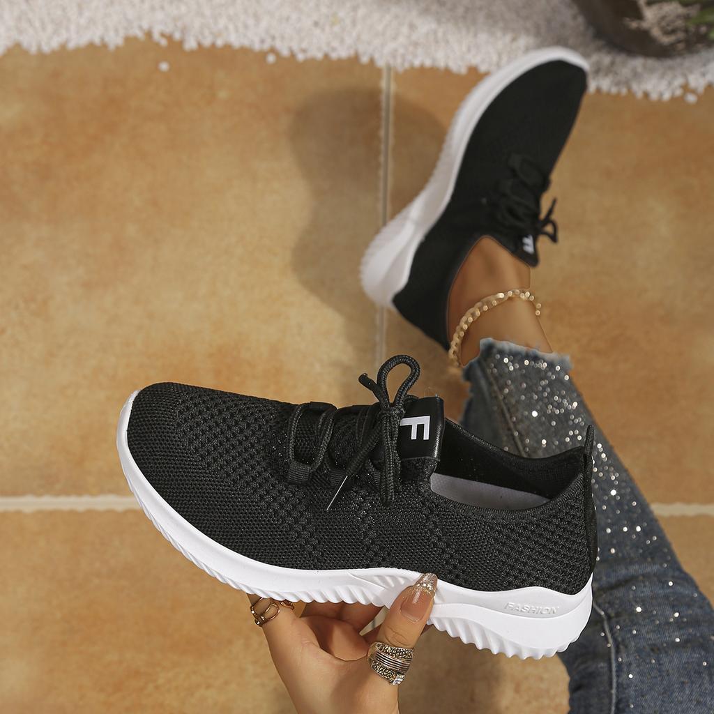 Ladies Flying Woven Mesh Sneakers Breathable Light Soft Sole Lace Up Casual Walking Sports Running Shoes Daily Footwear Suitable