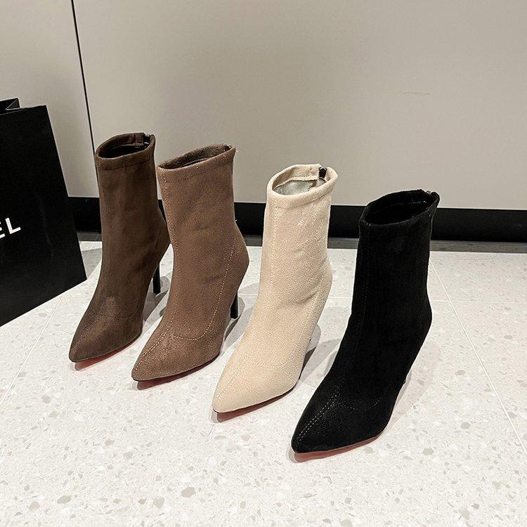 Rear Zipper Pointed Short Children's Thin Heels Autumn and Winter New Suede Thin Legs Medium Tube Large Size High Heel Elastic