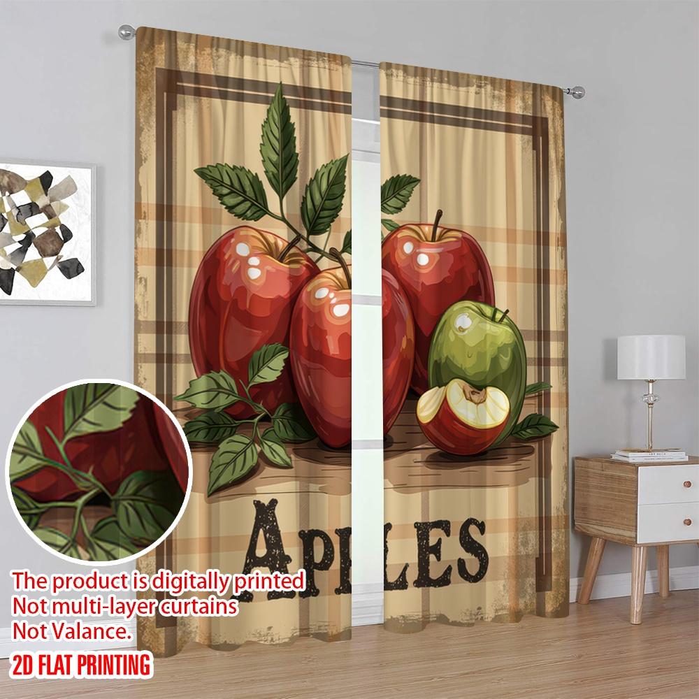 2D Flat Printing 2pcs Window Drapes Apple Versatile 100% Polyester,Without Electricity Birthday Party for Holiday Family Party