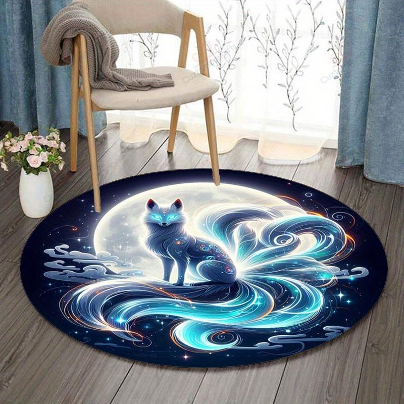 Mystical Nine-Tailed Fox in Moonlight Round Rug – Anti-Slip Crystal Velvet Carpet with Enchanting Blue & Turquoise Design, Perfe