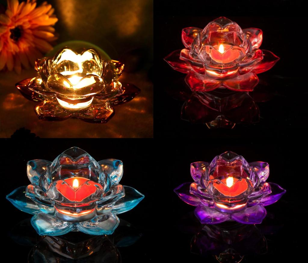 Lotus Flower Candle Crystal Colored Candle Candlestick Stand, Glass, Holder, (Transparent)