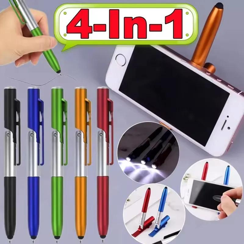 4 In 1 Multifunction Ballpoint Pen with LED Light Fold Phone Holder Night Read Writing Pencil Office School Student Stationery