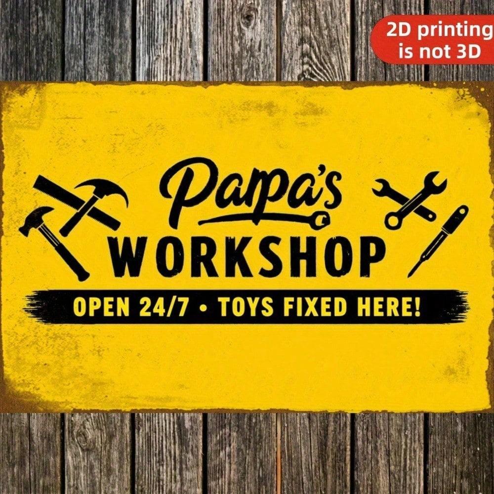 Vintage Papa's Workshop 2D Metal Sign Rustic Garage Wall Art For Men Dad Antique Flat Decor No Electricity