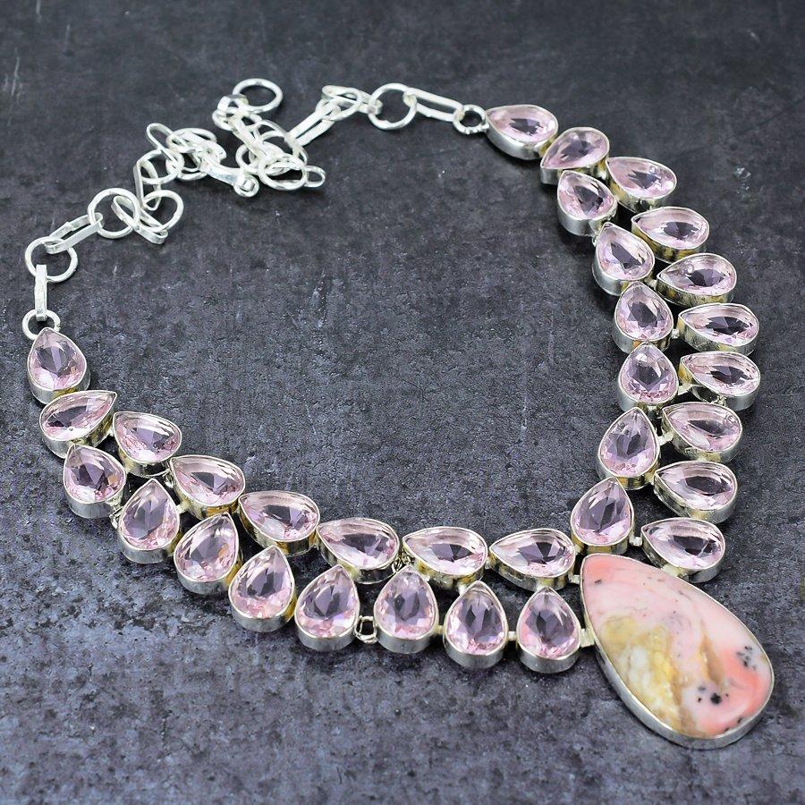 Opal roz natural, colier bijuterii din argint 925 lucrat manual cunzit 18" U0m87