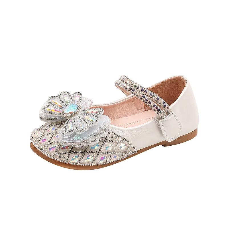 Dziecięce skórzane buty płytkie wszechstronne baleriny dla dziewczynek modne z dżetami kokardka dziecięce codzienne księżniczki buty ślubne