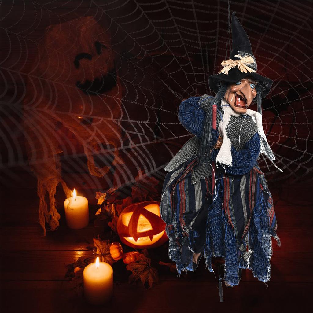 Halloween Hanging Witch Scary Creepy Flying Screaming Witch Voice Touch Control with Red LED Light Ornament Halloween