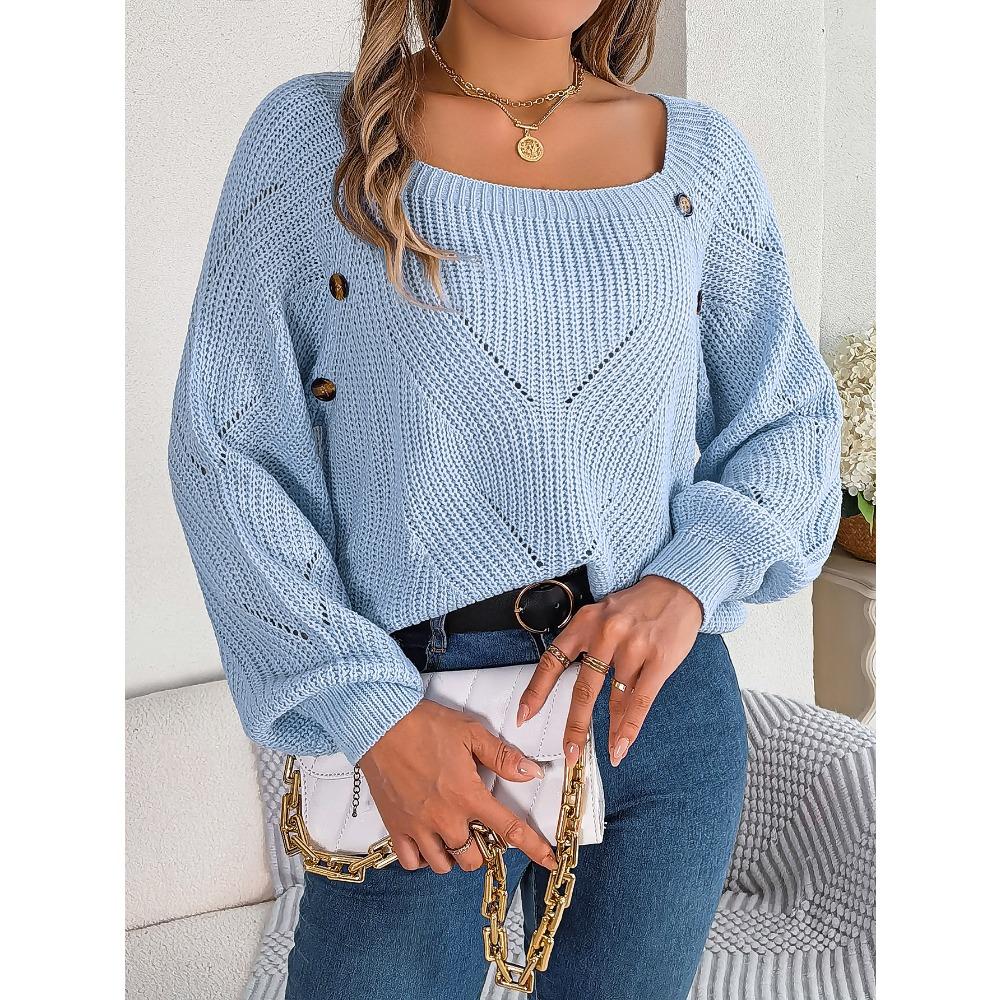 

Осенне-зимний повседневный однотонный свитер с квадратным воротником и пуговицами с полыми рукавами-фонариками L синий