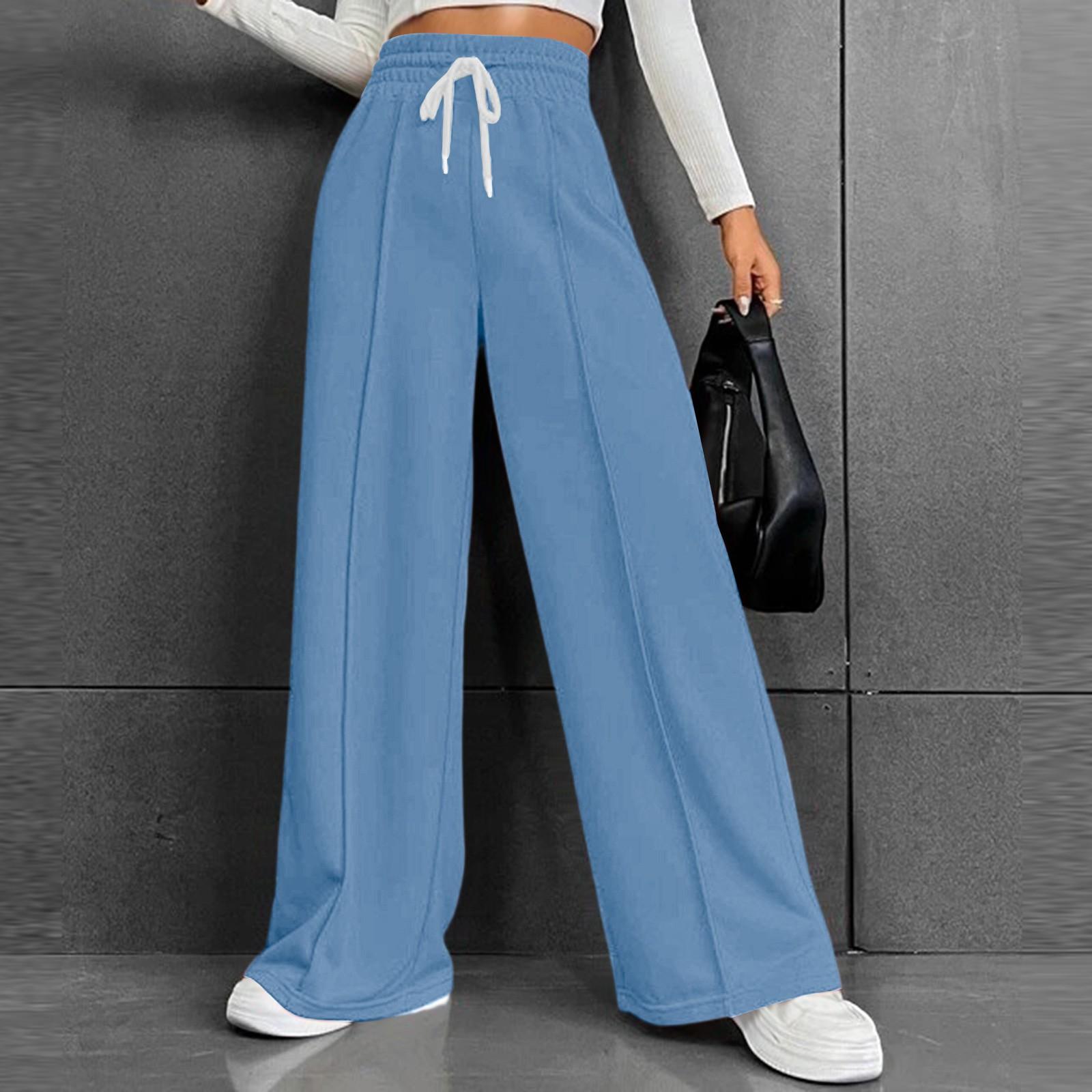 

Женские универсальные повседневные удобные свободные брюки с высокой талией на кулиске и широкими штанинами M синий