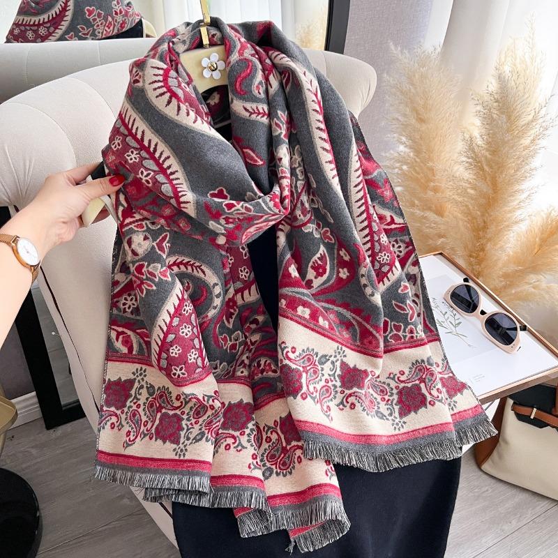 Ethnic Printed Faux Cashmere Scarf Winter Warm Thick Shawl For Women